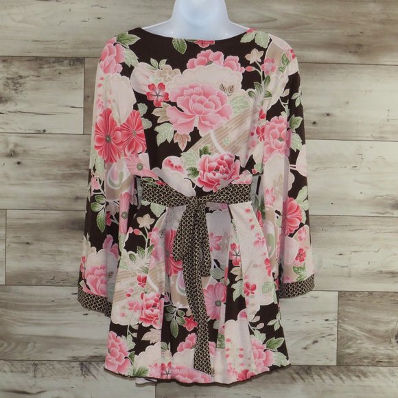 ING* Women's Oversized Split Sleeves V-Neck Tie Back Curved Hem Floral Blouse~3X - Picture 2 of 13